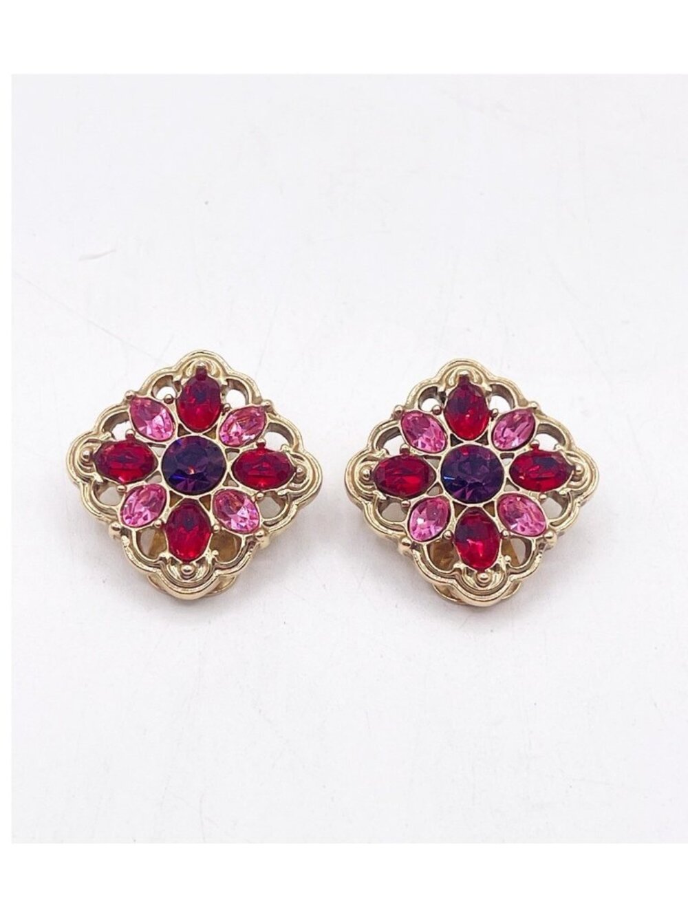 Vintage 1928 Jewelry Co Gold Tone Red & Purple Clip On Stud Statement Earrings